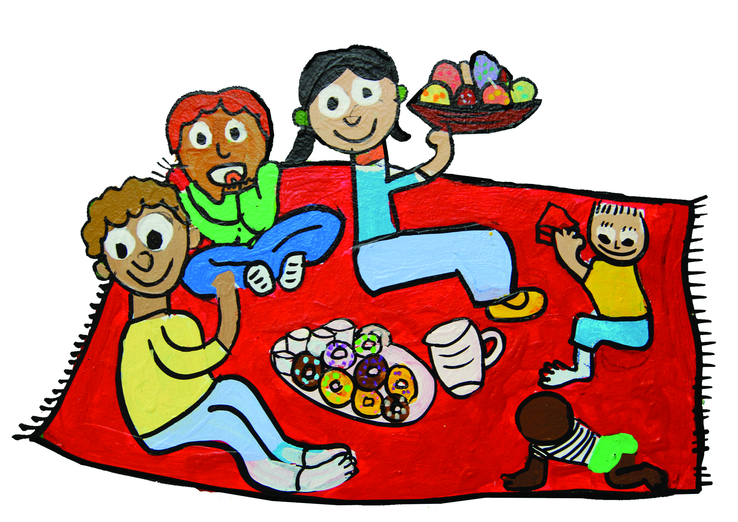 Drawing of children sitting on a rug, eating a picnic.